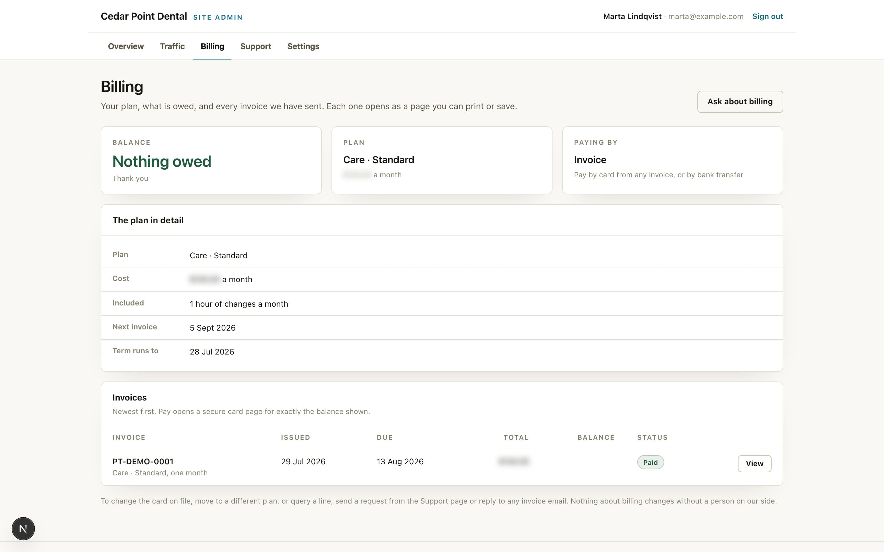 Pineland site admin: the billing page, with the plan, the balance, and a table of invoices