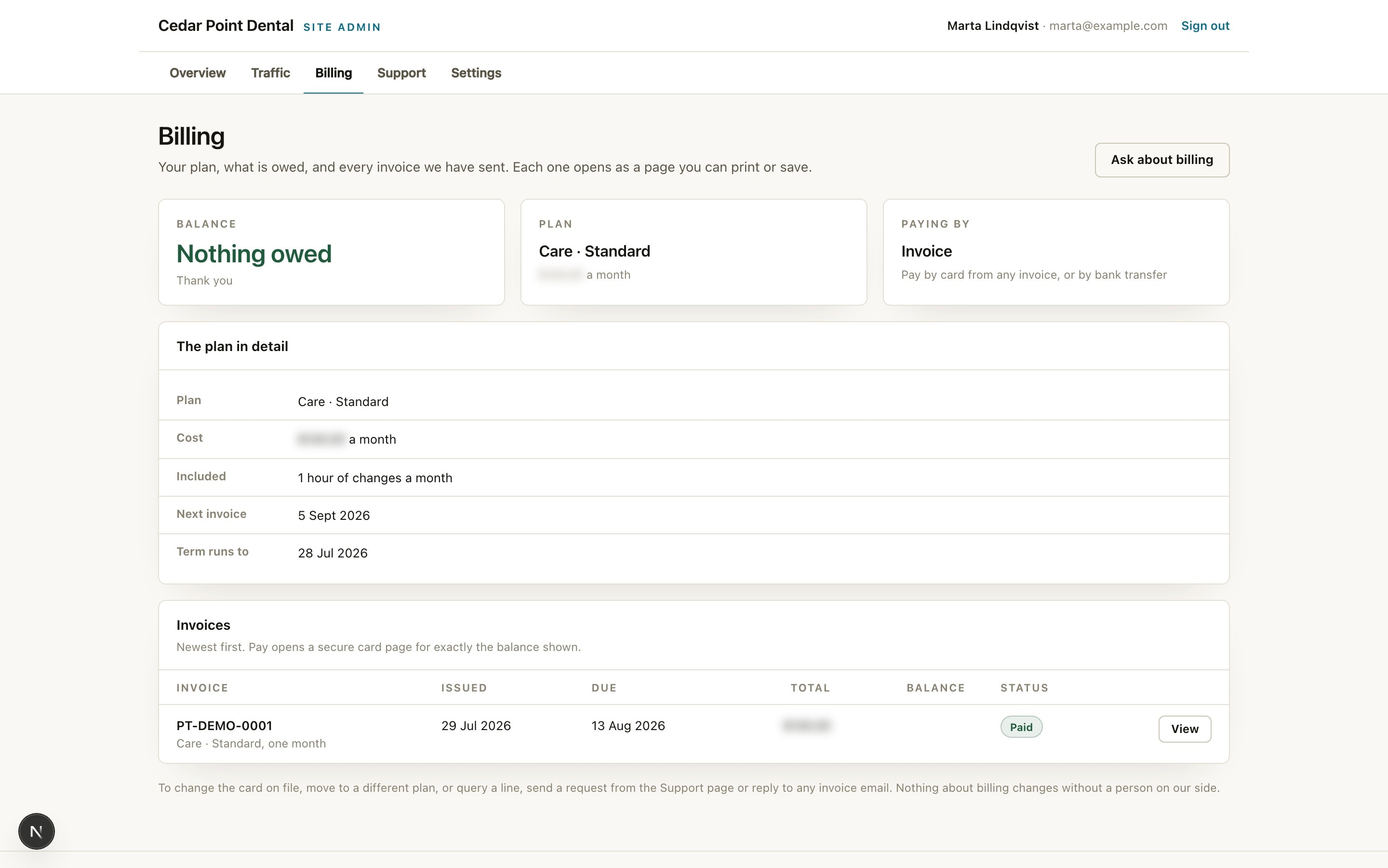 Pineland site admin: the billing page, with the plan, the balance, and a table of invoices