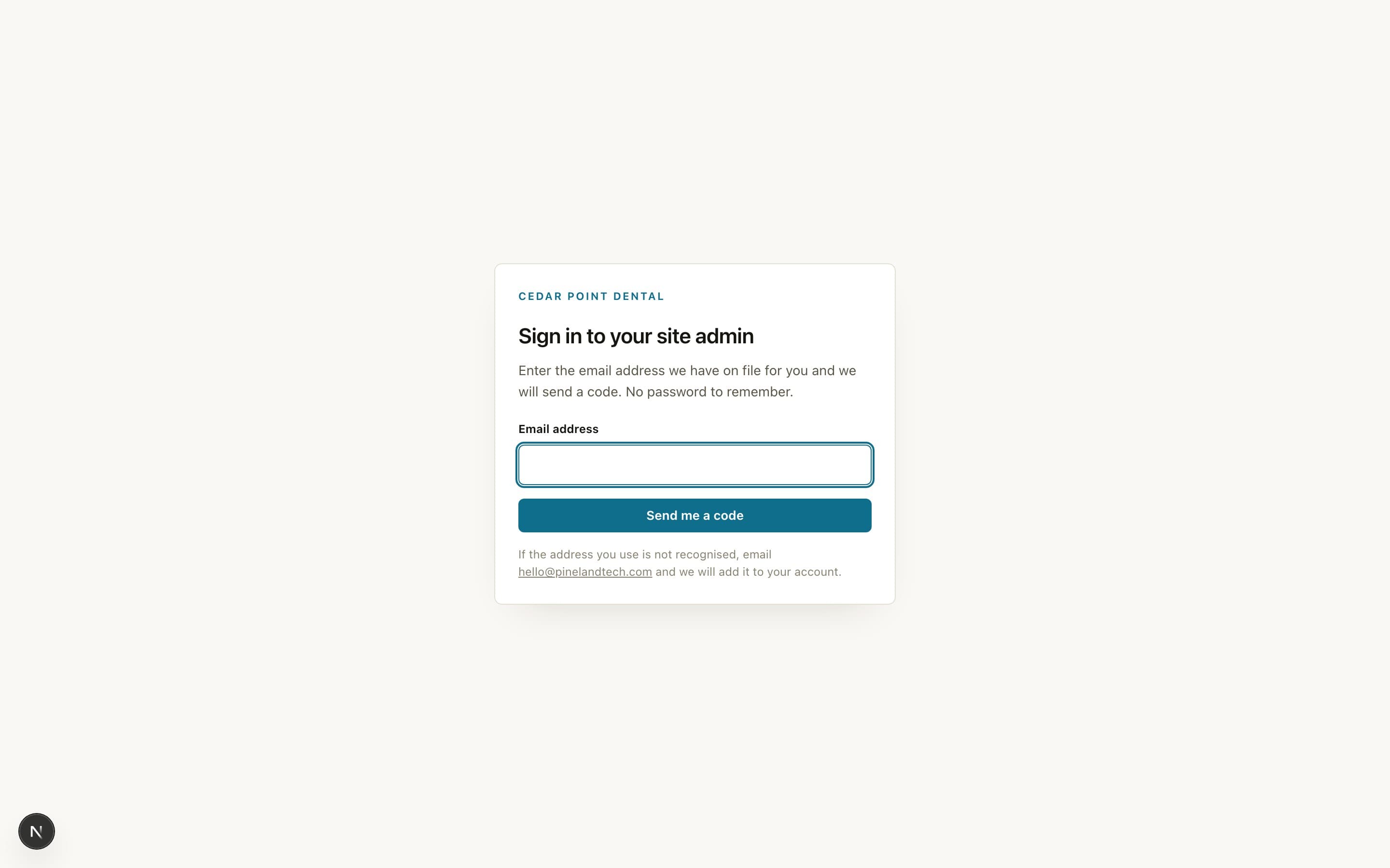 Pineland site admin: the sign in screen, asking for an email address