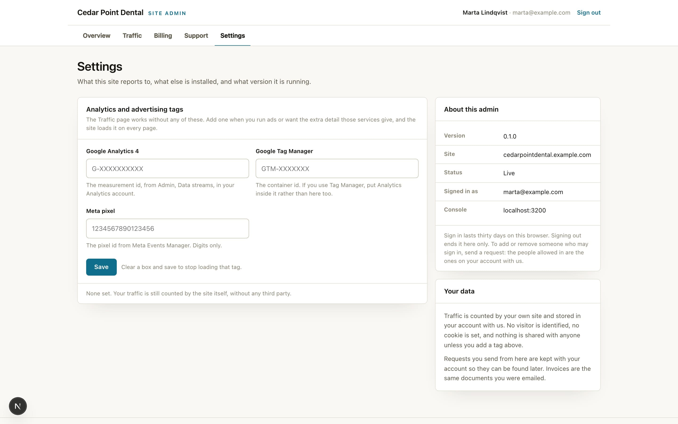 Pineland site admin: the settings page, with the analytics tag fields and the about panel