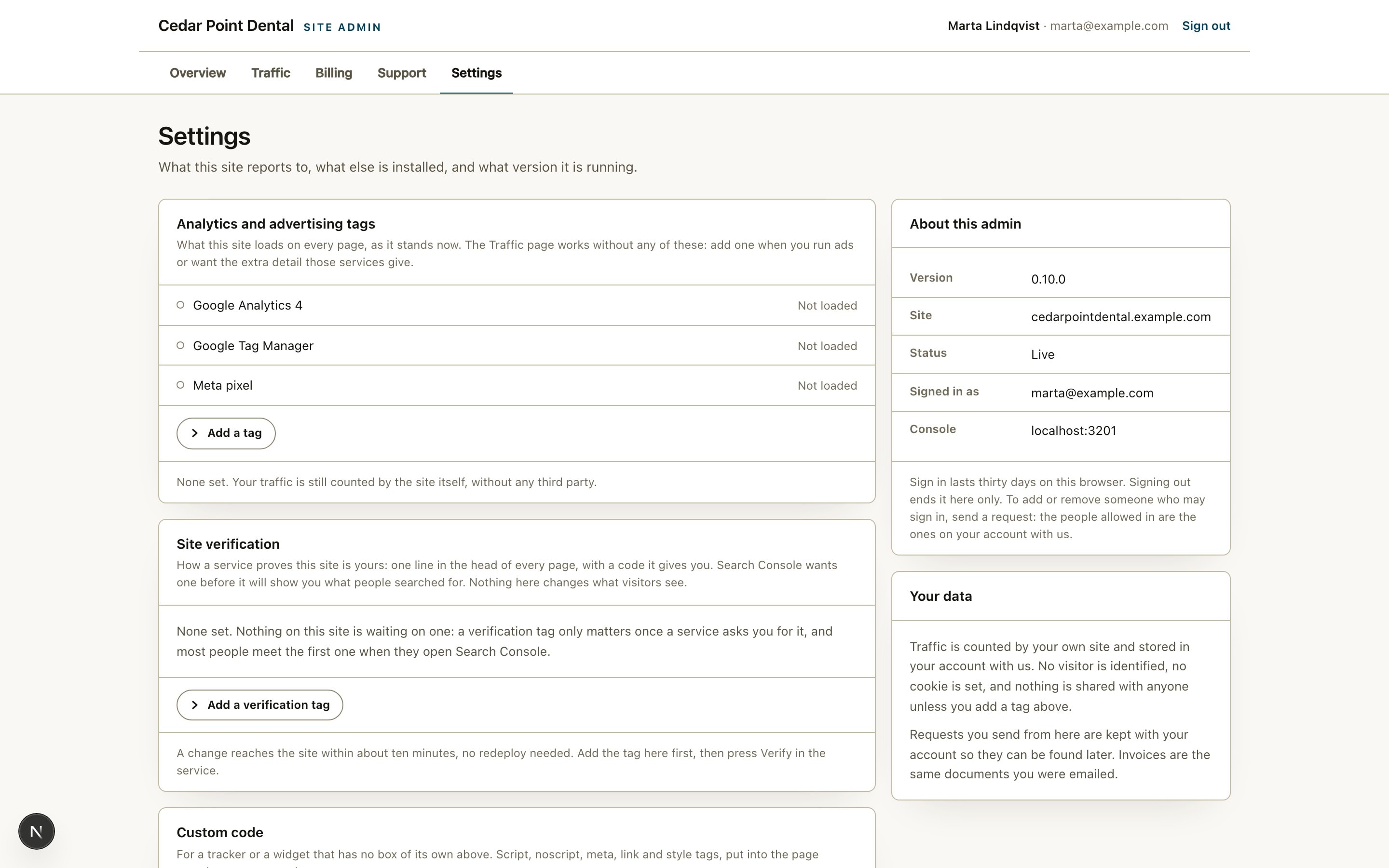 Pineland site admin: the settings page, with the analytics tag fields and the about panel
