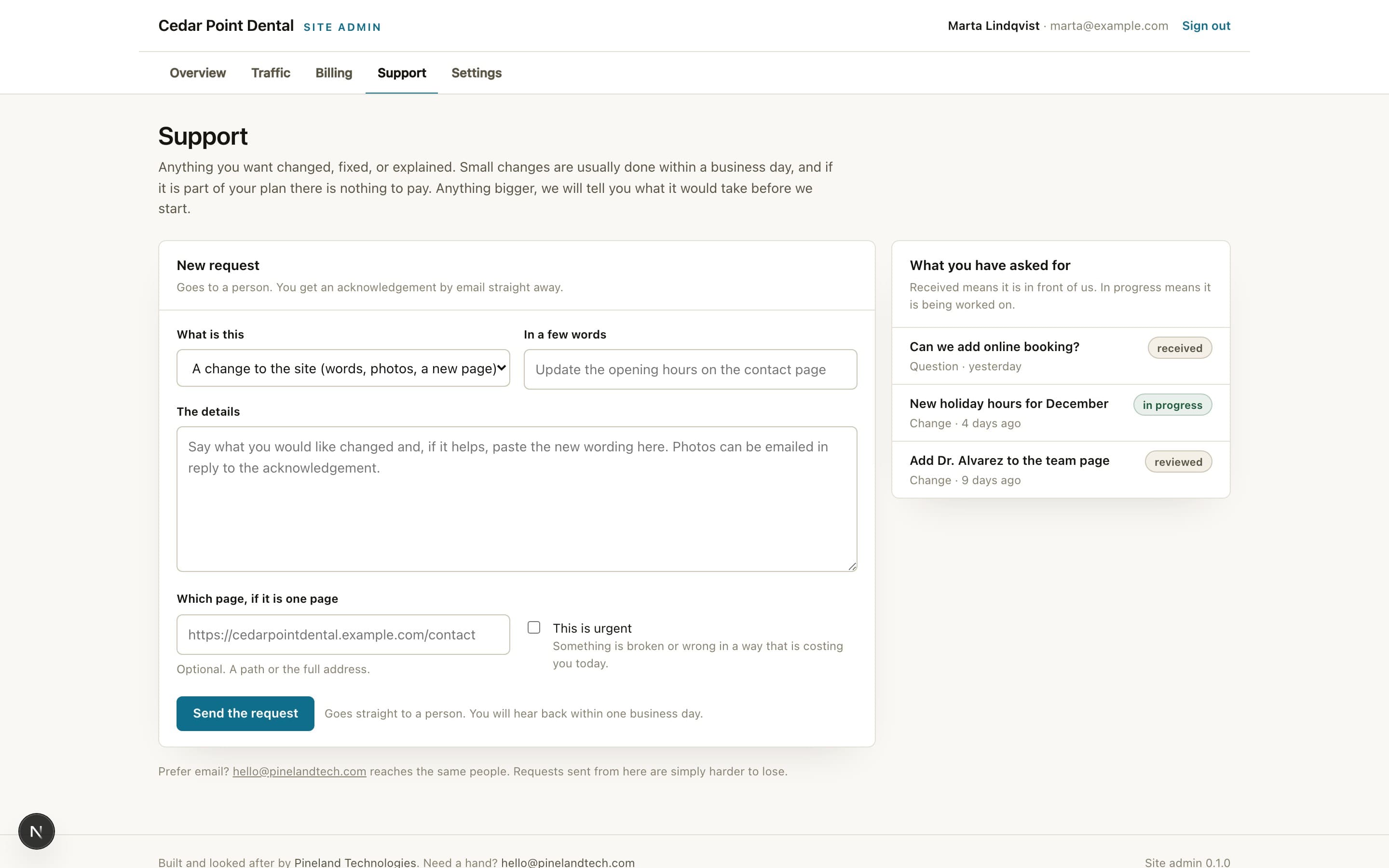 Pineland site admin: the support page, with the request form and the list of past requests