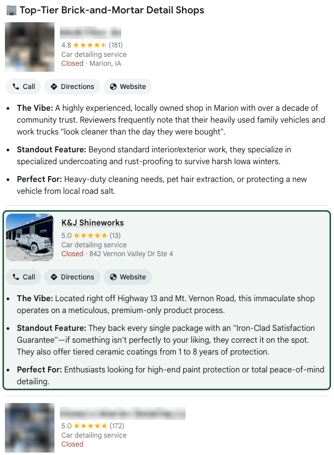 Google's AI Mode listing top detail shops around Marion, Iowa: K&J Shineworks, 13 reviews, between two shops with 181 and 172