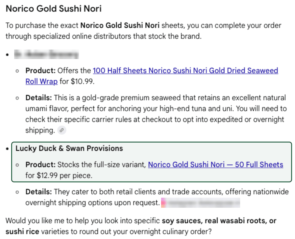 Google's AI Mode on Norico Gold Sushi Nori: Lucky Duck & Swan Provisions, linked to its product page, at $12.99