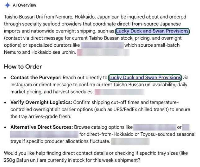 Google's AI Overview for 'order Taisho Bussan Uni with overnight delivery', naming Lucky Duck and Swan Provisions as the place to order it, twice