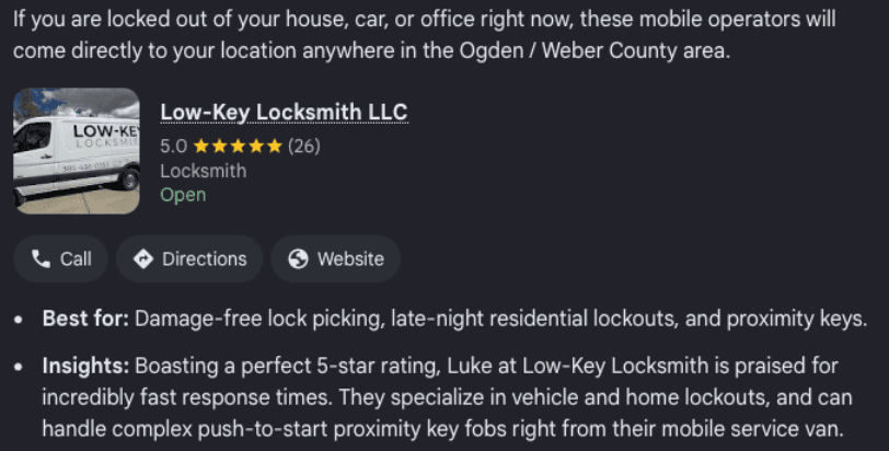 Google's AI Mode listing Low-Key Locksmith LLC, 26 reviews, for lockouts across Ogden and Weber County, with what it is best for