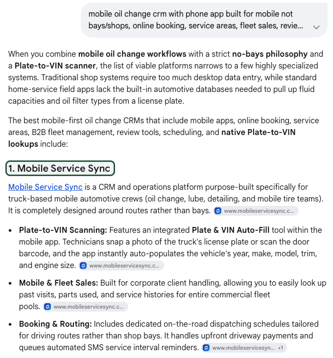 Google's AI Mode asked for a mobile oil change CRM built for trucks rather than bays: Mobile Service Sync listed first