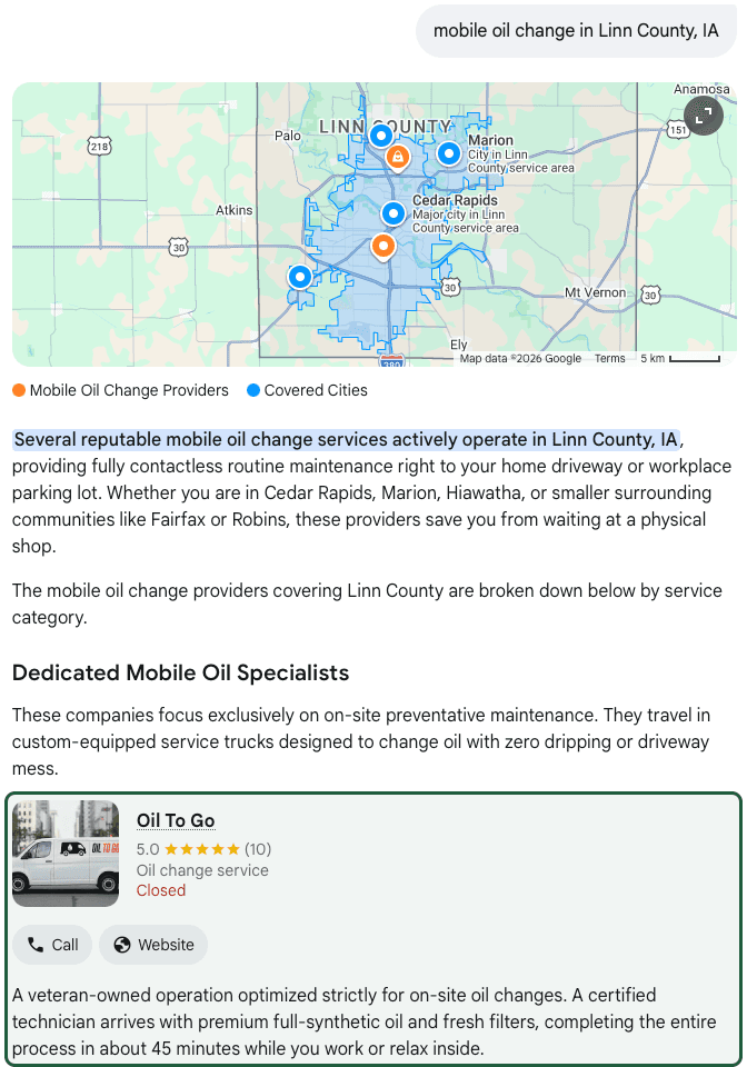 Google's AI Mode asked for a mobile oil change in Linn County, Iowa: Oil To Go, 10 reviews, the first dedicated mobile specialist it names
