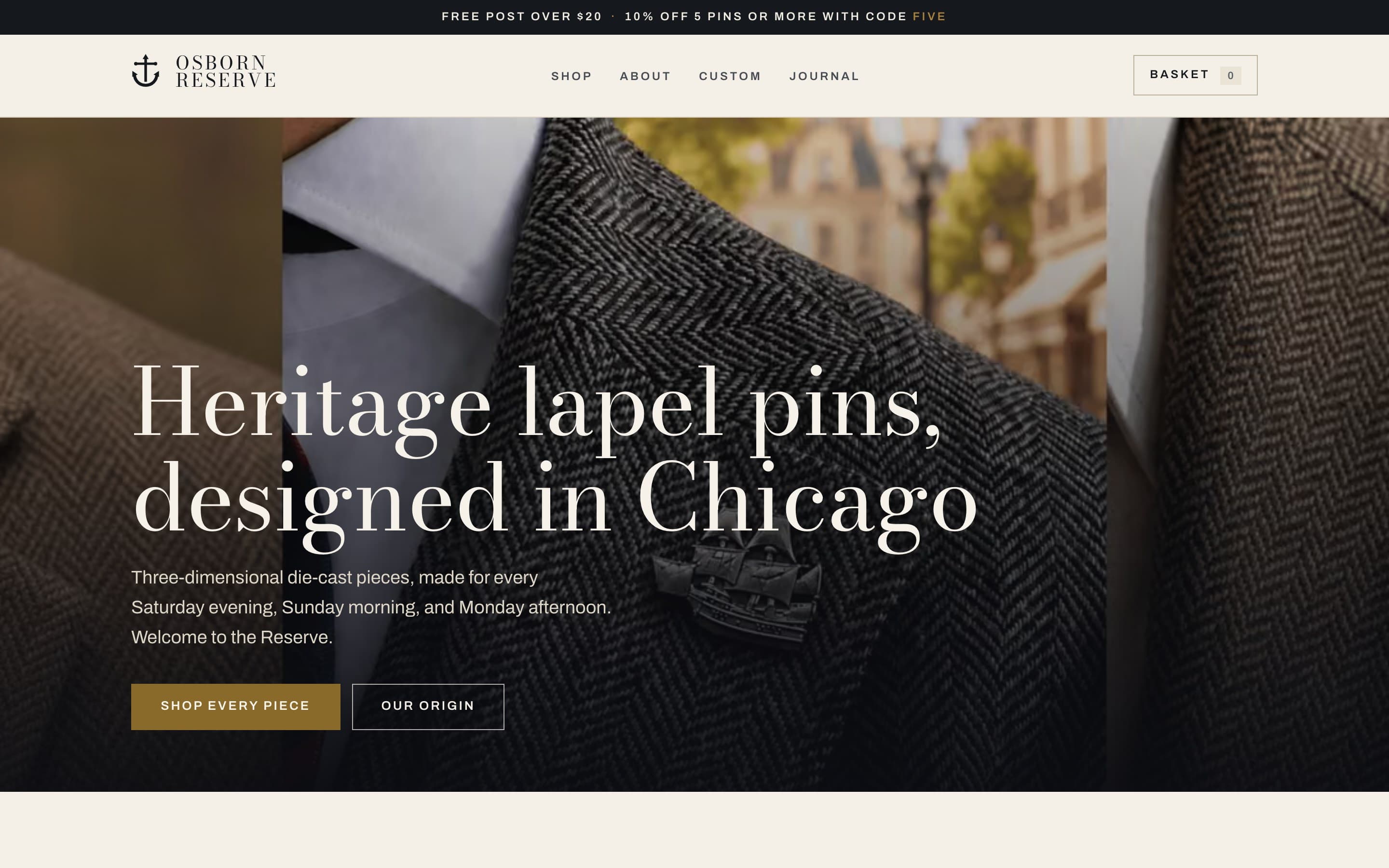 Osborn Reserve: Heritage lapel pins from Chicago, cast in three dimensions, in a shop of its own