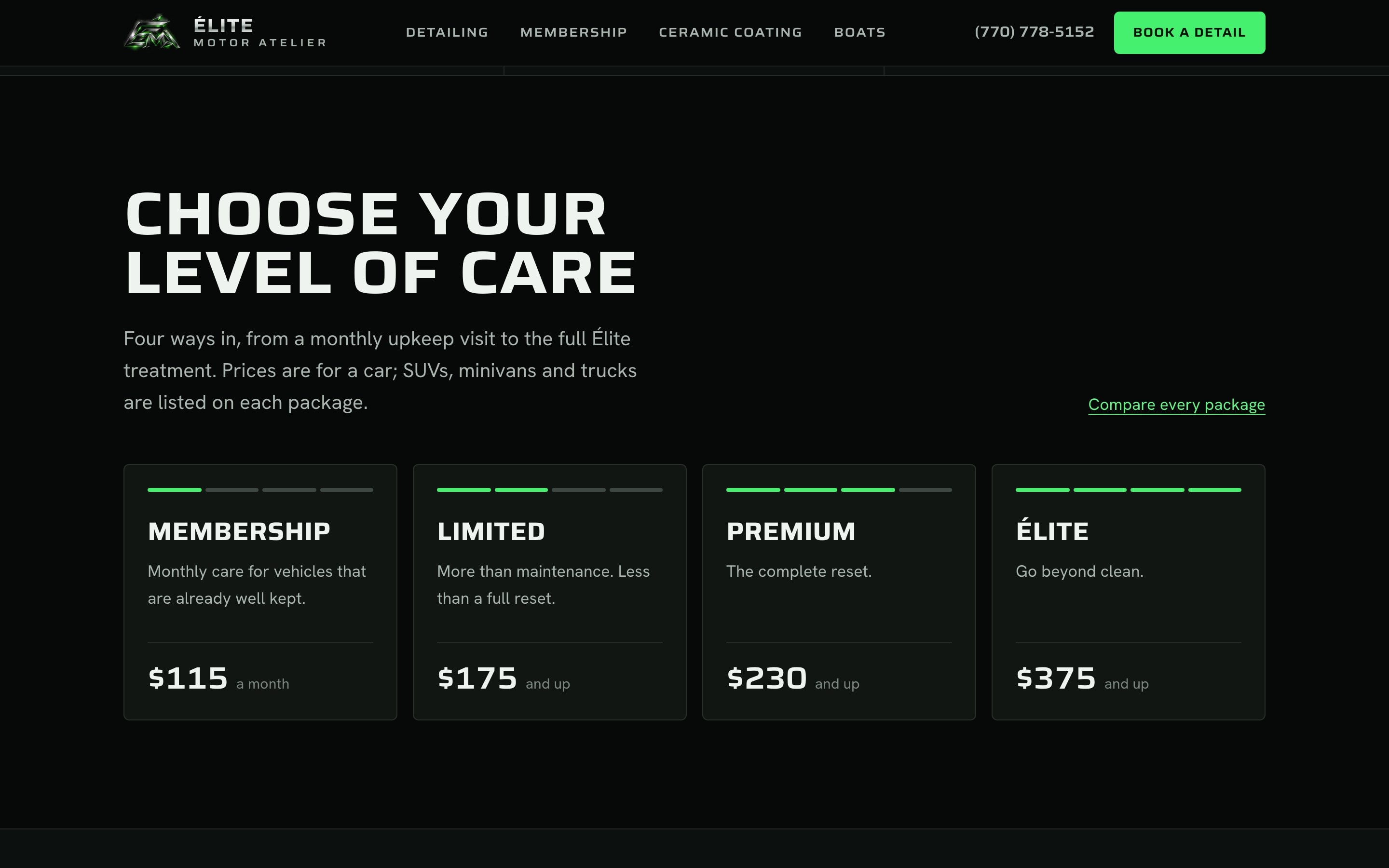 The ladder of care, from the monthly membership to the Élite package, each with its starting price and a gauge that fills as the work goes deeper