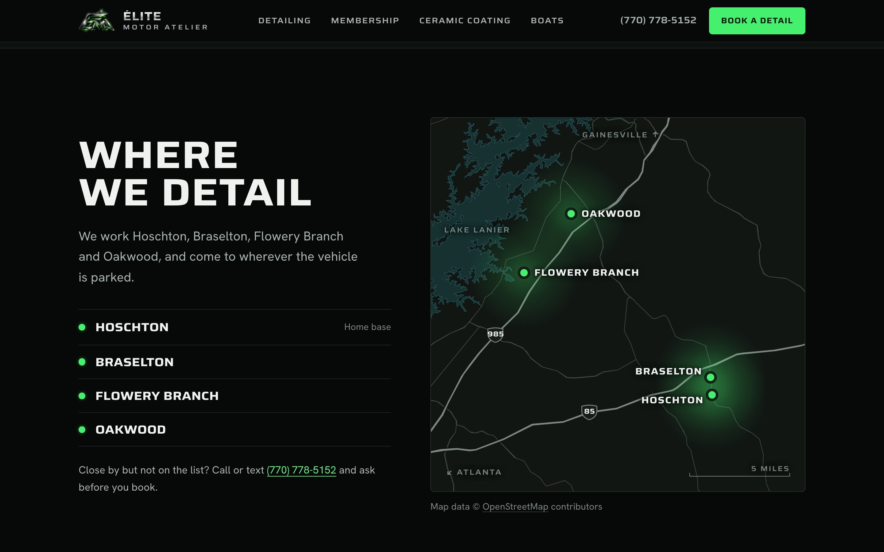 Where Rob works, drawn from OpenStreetMap data rather than a Google embed: Lake Lanier, I-85 and I-985 in steel, and each of his four towns a pool of green light that blooms in as the map scrolls into view