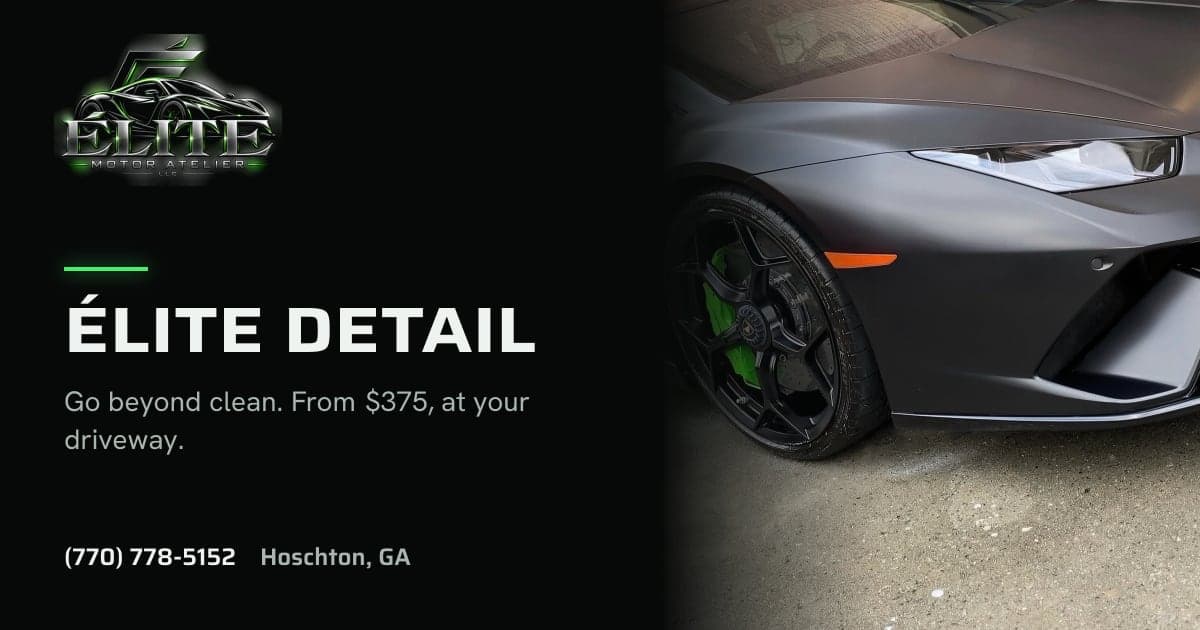 The link preview for the Élite package: the logo, Élite Detail in wide capitals, Go beyond clean. From $375, at your driveway, then the phone number and Hoschton, GA, beside a matte Lamborghini Huracán with green calipers