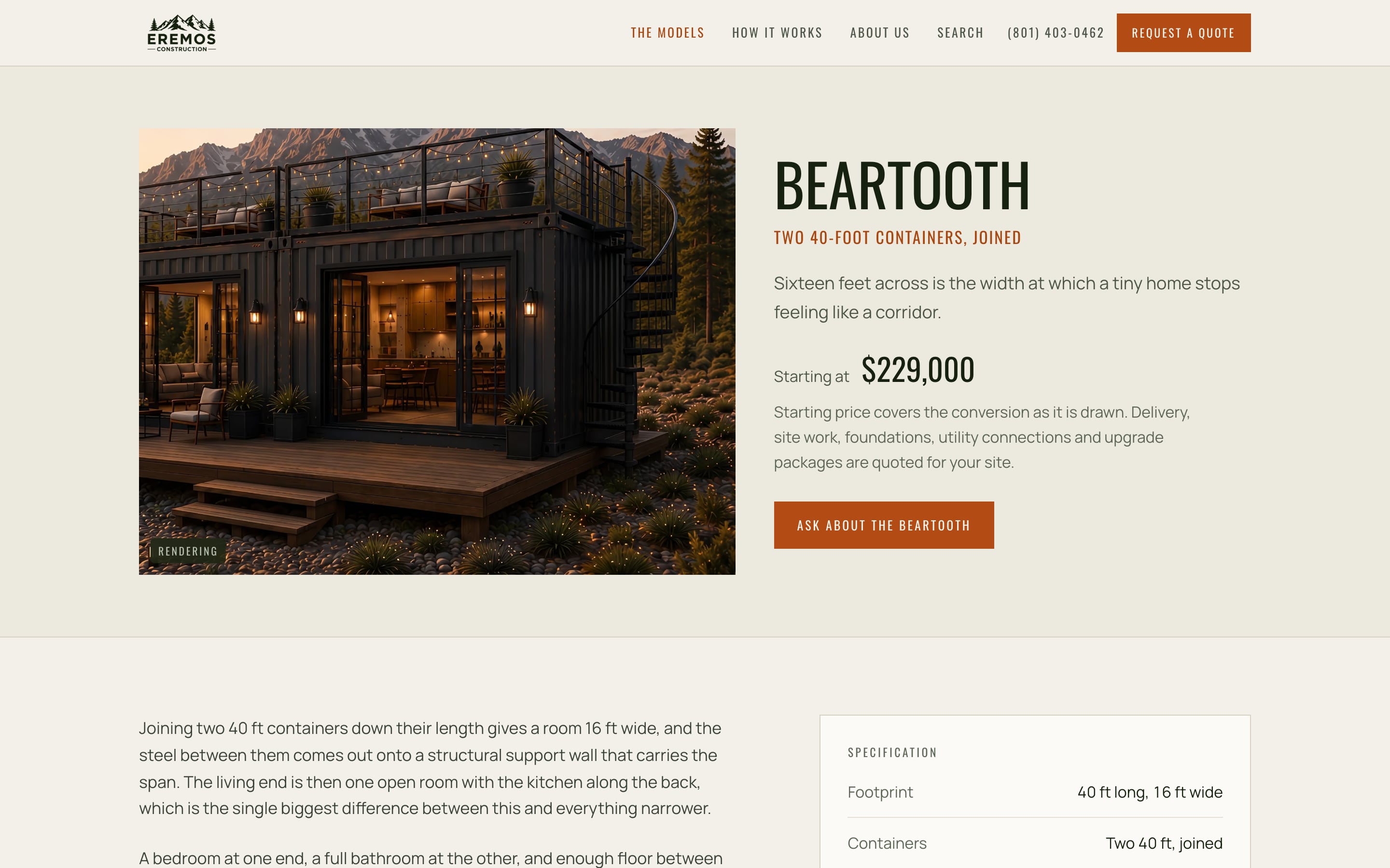 A page per model: the starting price beside what it covers, what it is built from, and the rendering, labelled as one