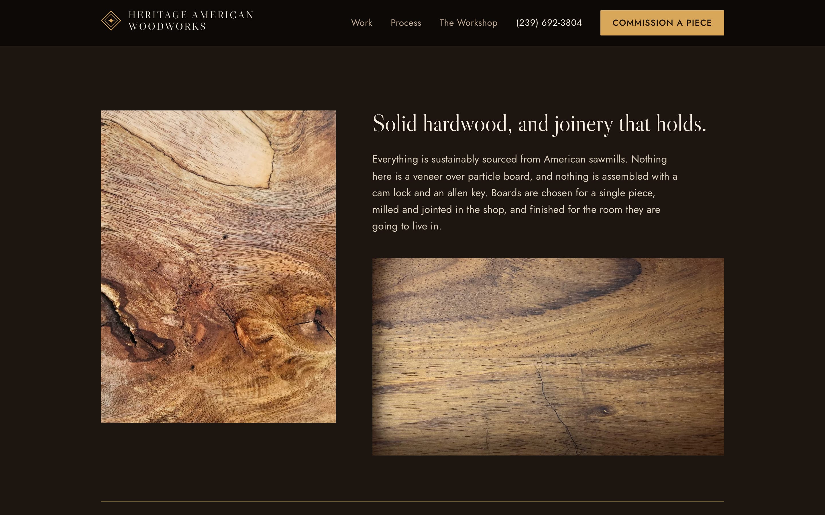 After dark, the same walnut under a shop lamp: a second palette designed in its own right, around the shop's photographs of its own timber