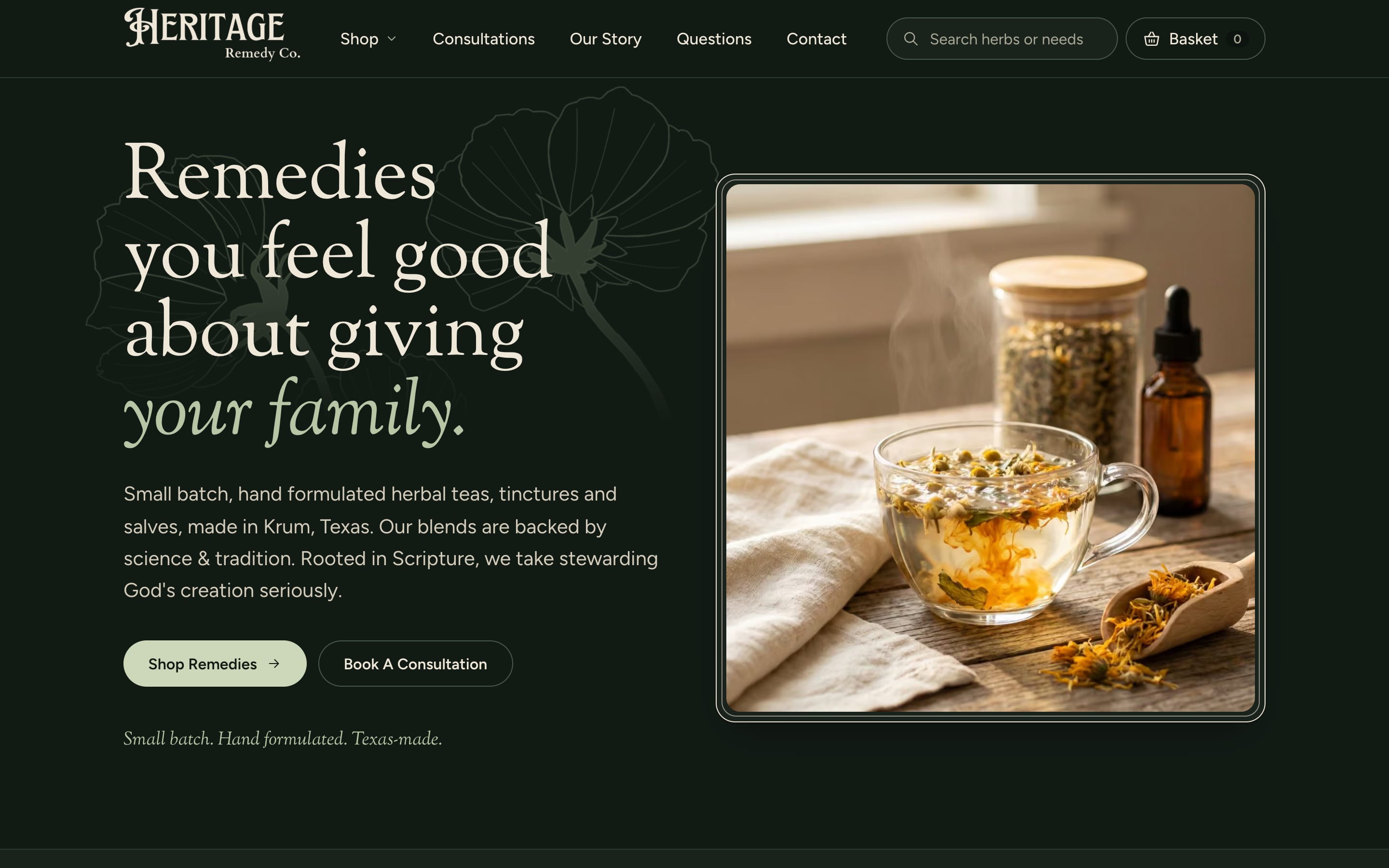 After dark, a lamp-lit kitchen: a second palette designed in its own right, here on the home page