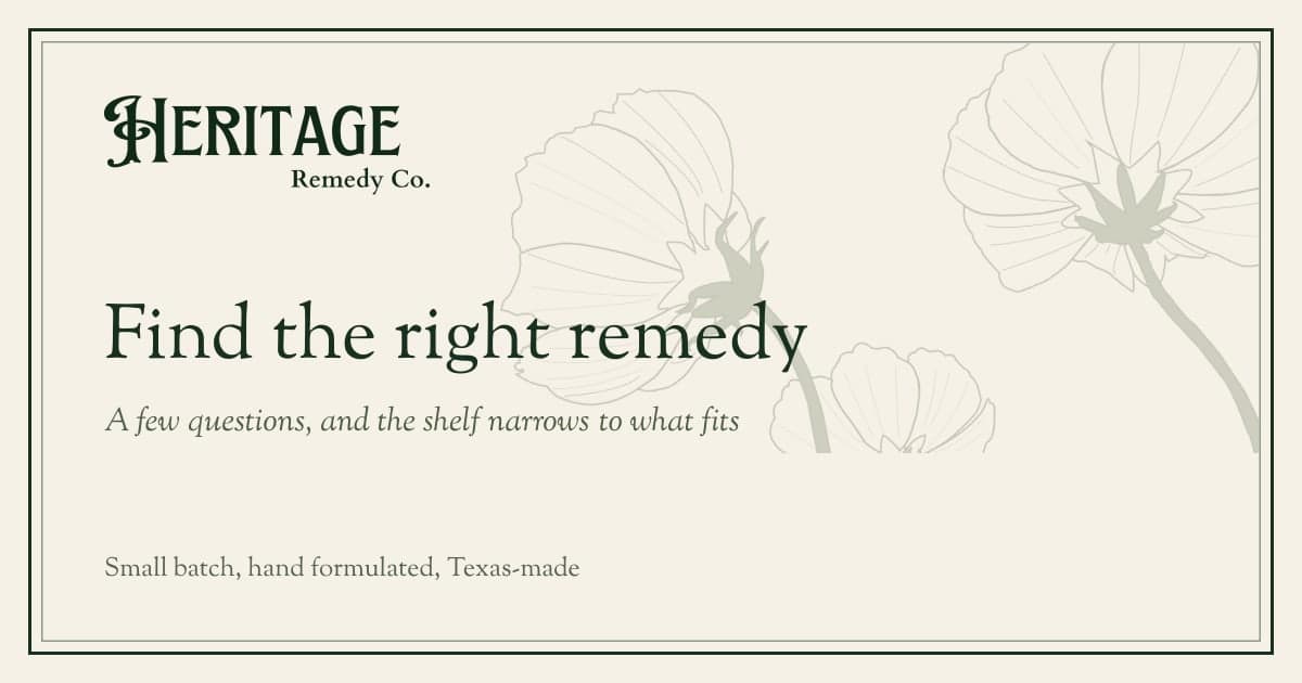 The link preview for the remedy finder: the Heritage wordmark, Find the right remedy, A few questions, and the shelf narrows to what fits, over the cosmos from the logo in a ruled frame