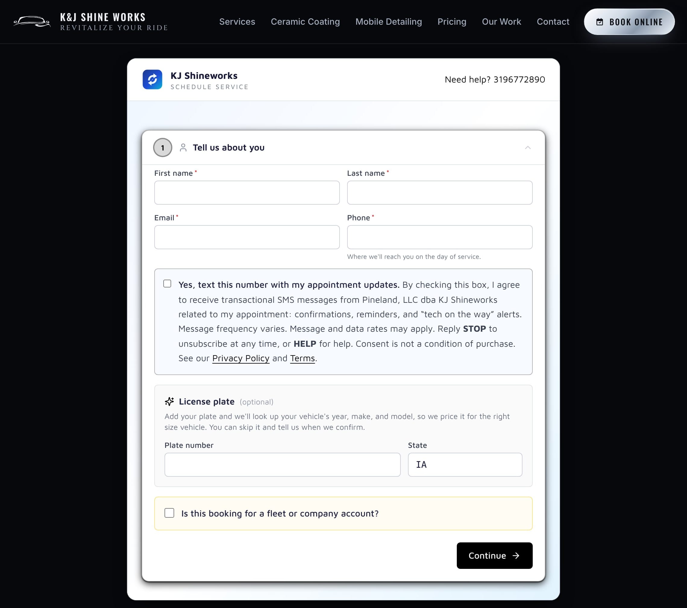 Booking on the site itself: the scheduler looks the vehicle up by its plate to price the right size, and texts only when the box is ticked