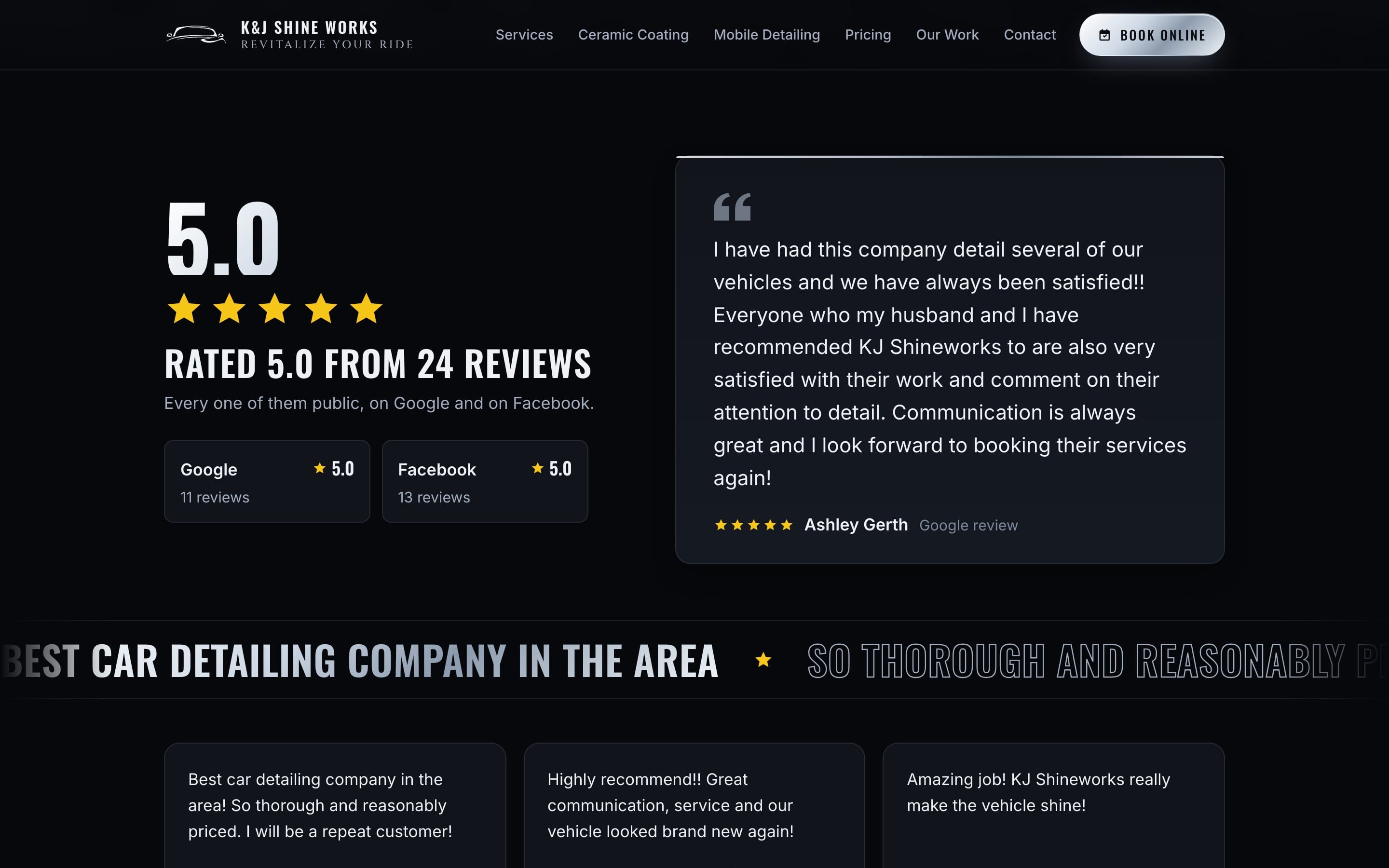 Proof before price: the reviews sit straight under the hero, quoted word for word from Google and Facebook