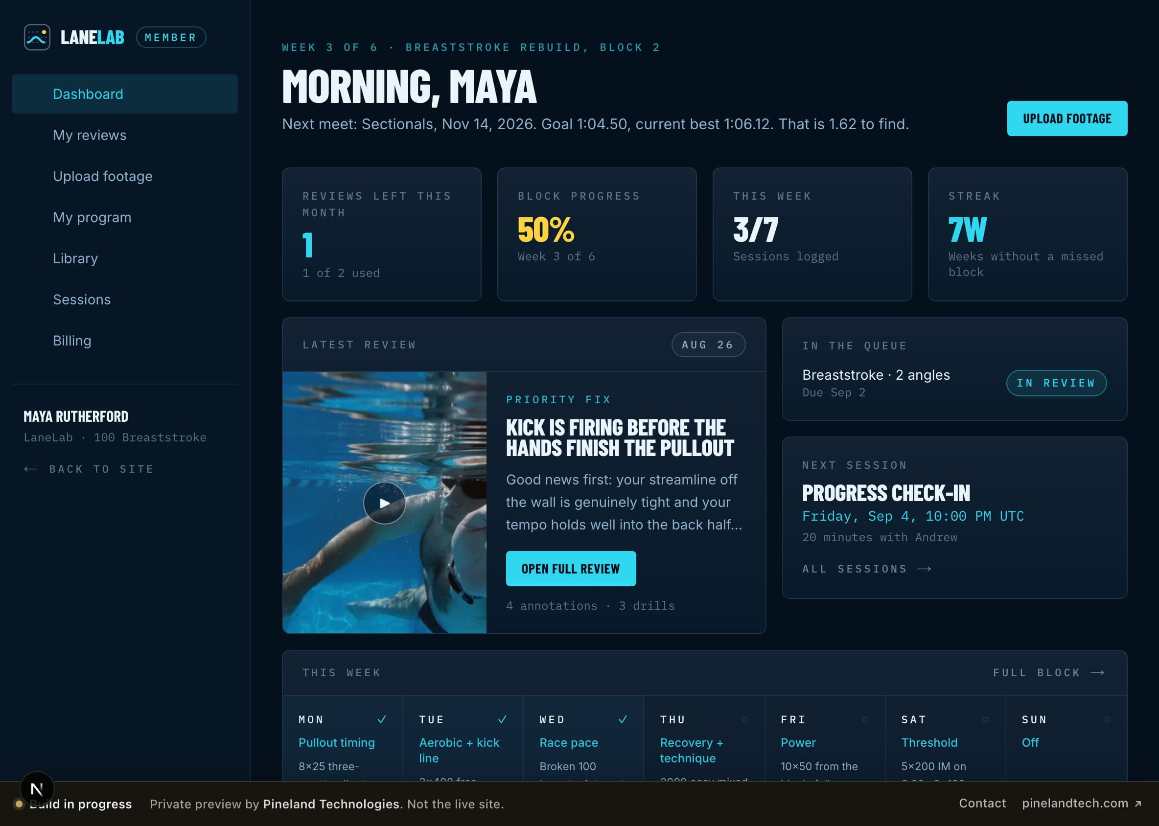 Member dashboard: the block in progress, the latest review, and what is next
