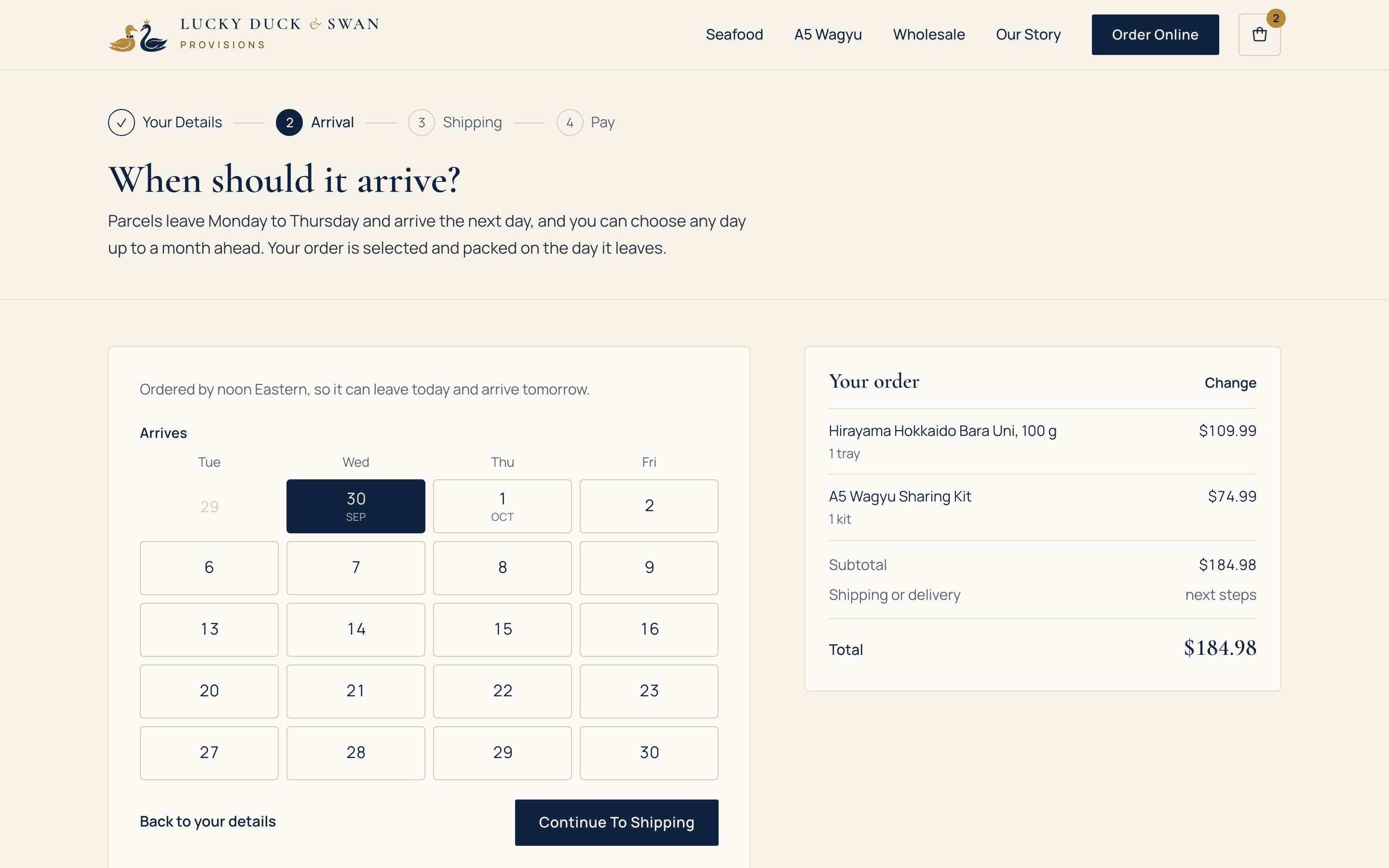 Checkout, step two: the customer picks the day it arrives, up to a month ahead