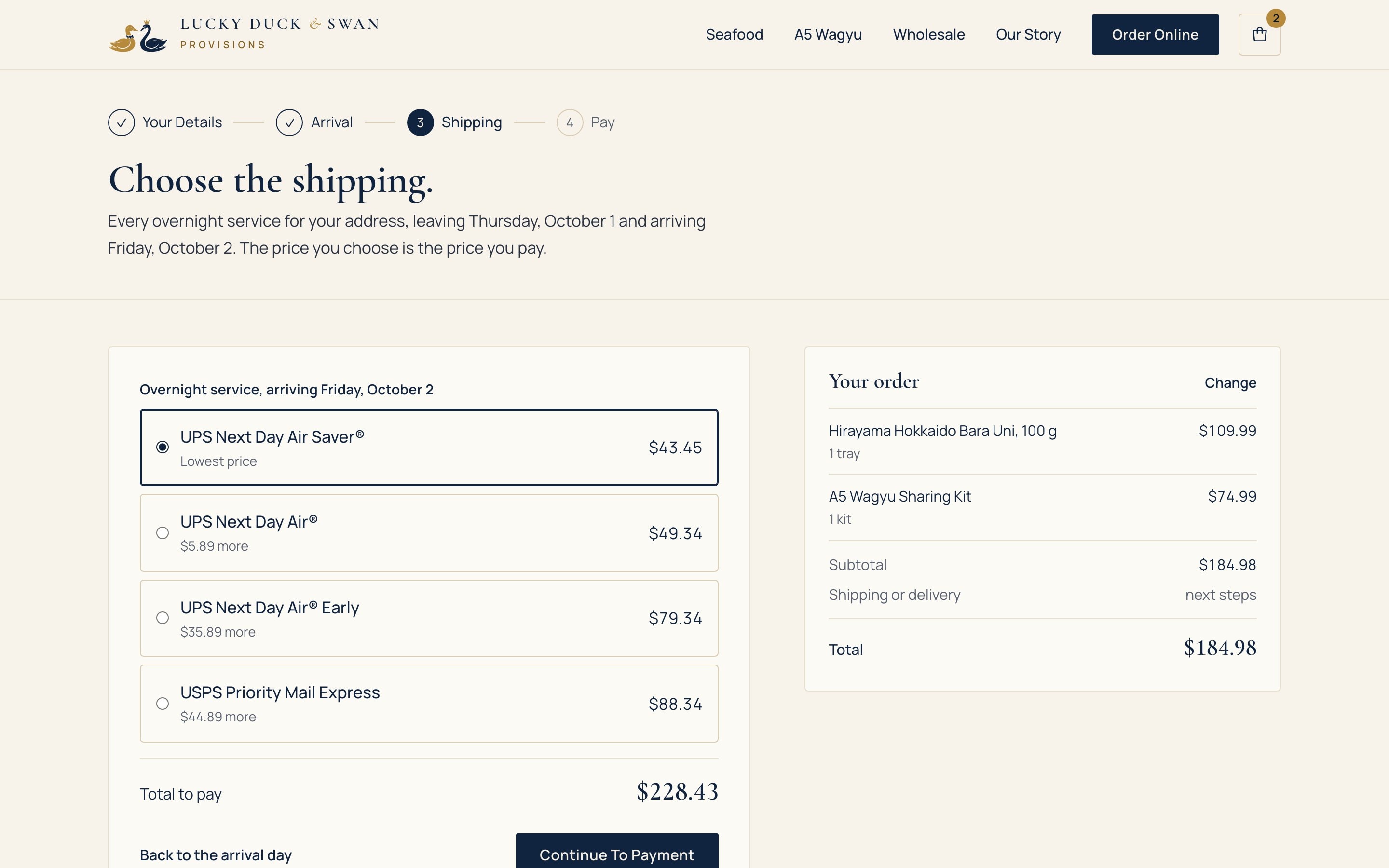 Checkout, step three: every overnight service for the customer's address and arrival day, priced live, and the price chosen is the price charged