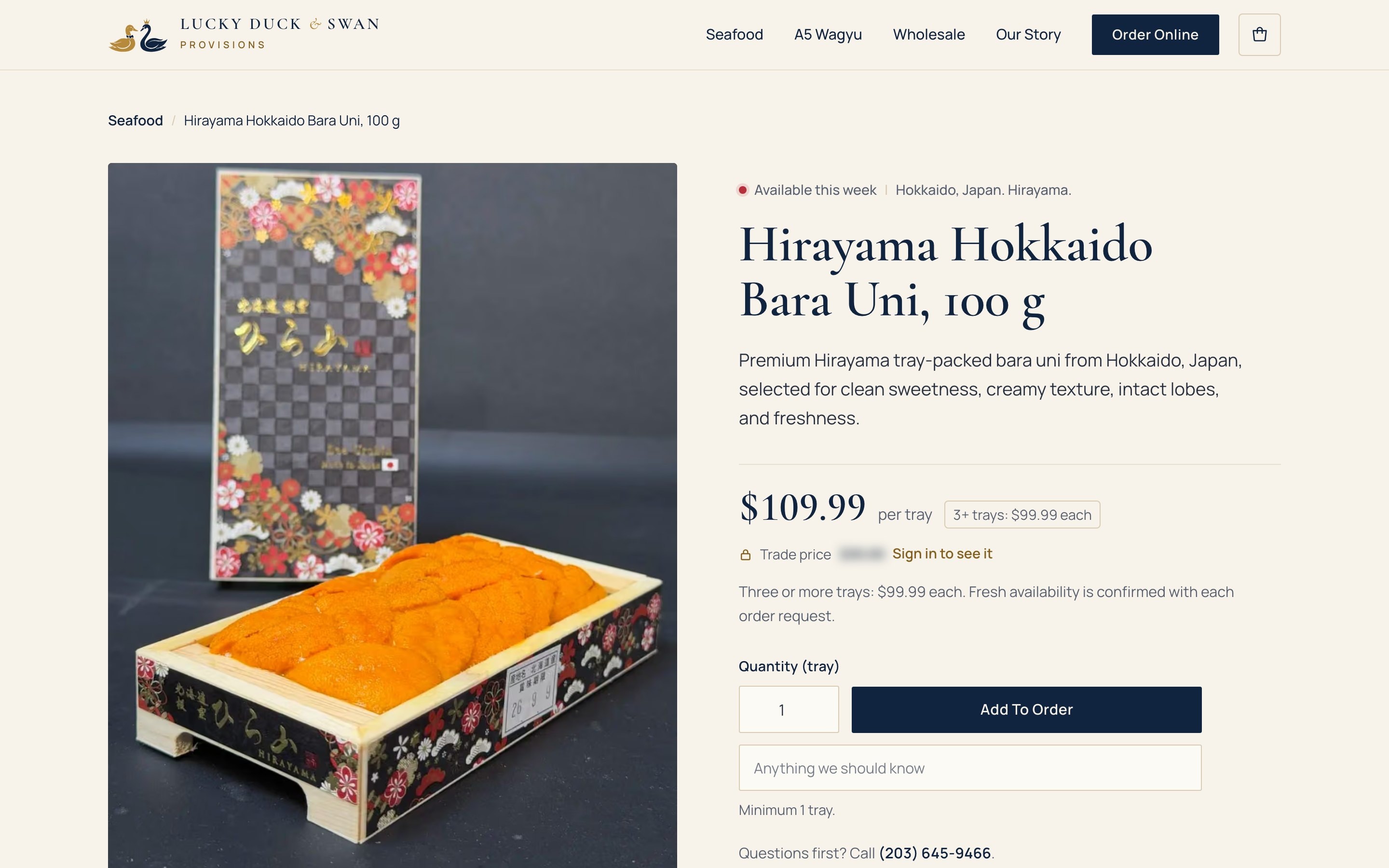 A page per product: the published price, its volume tier, and a trade price hidden until a kitchen signs in