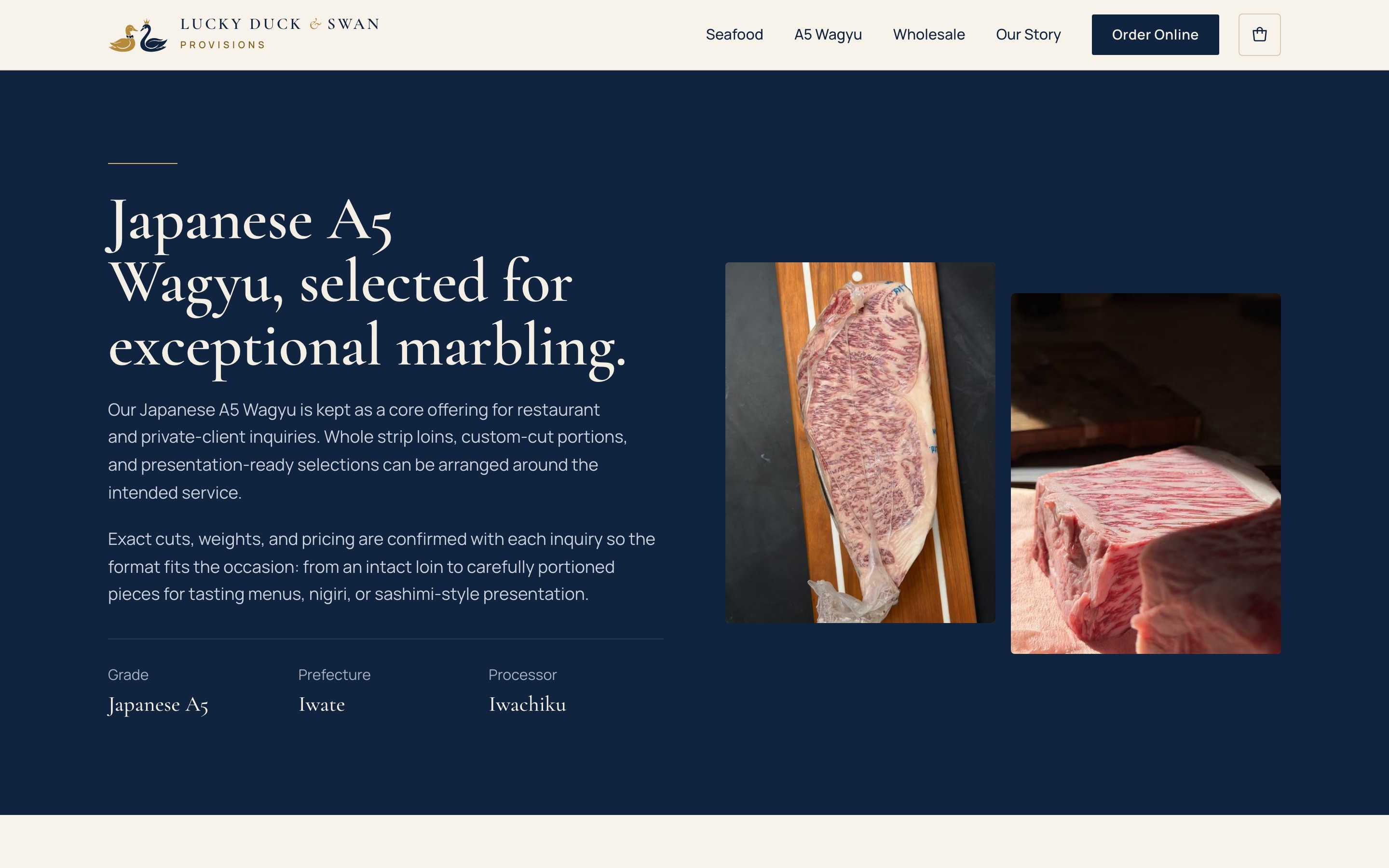 Japanese A5 Wagyu, with its grade, prefecture and processor