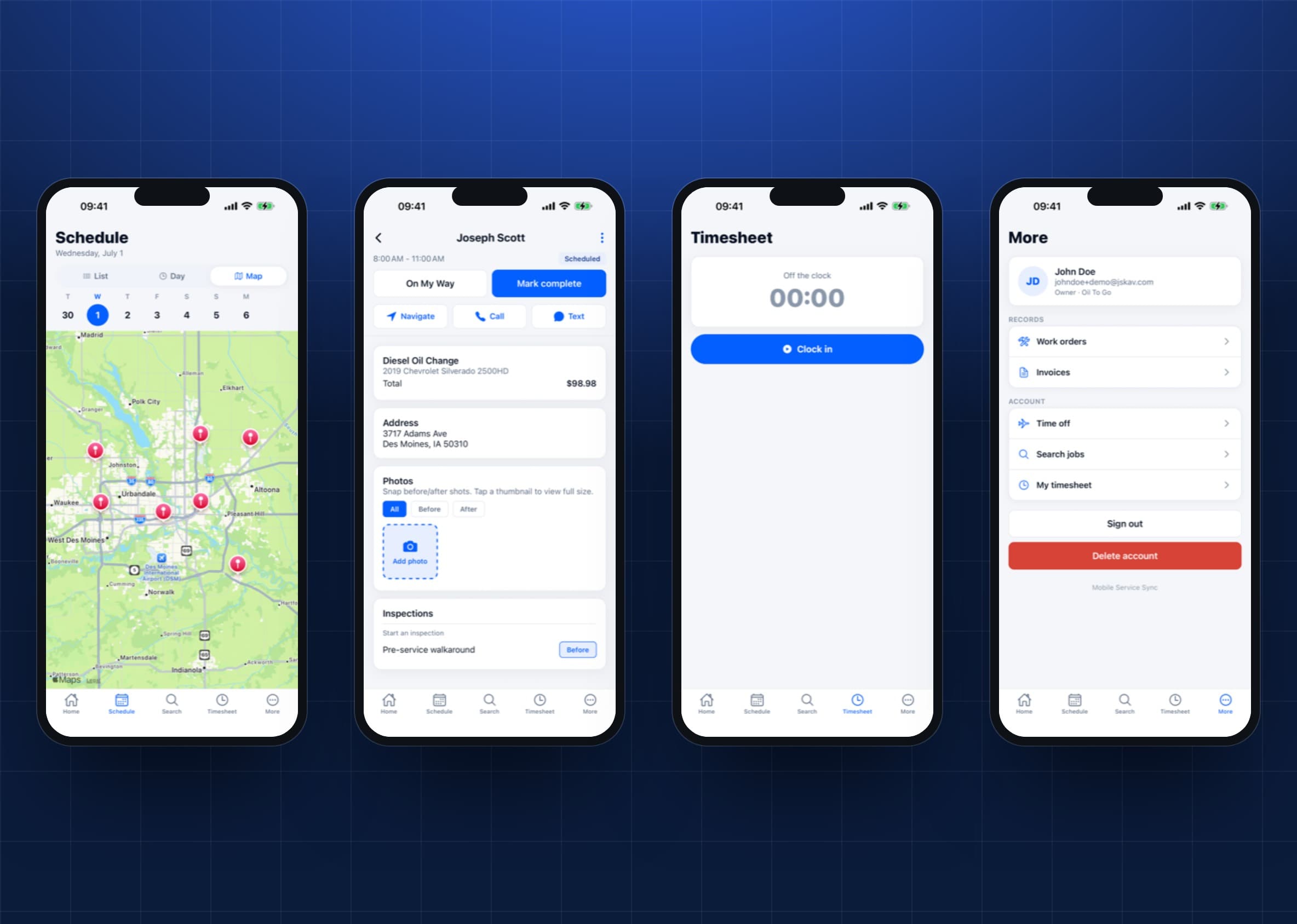 Route map, a job open on the phone, the timesheet, and the rest of the app behind More