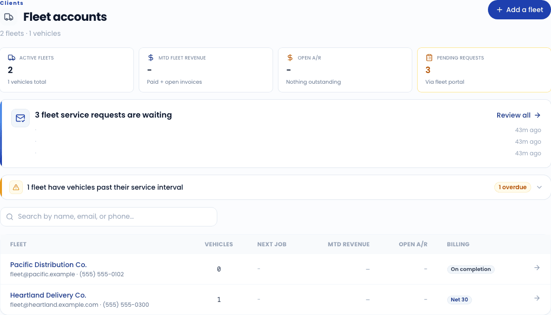 Fleet accounts with their own portal and service-request inbox