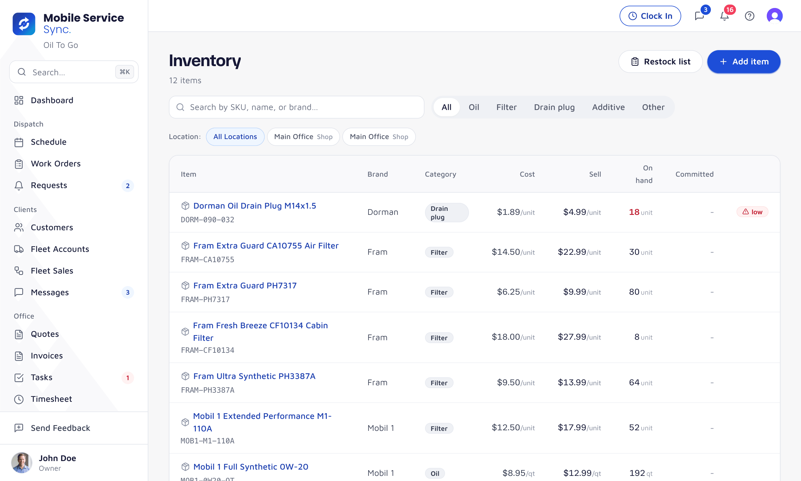 Stock by location, including what is on each van, with a restock list built from it