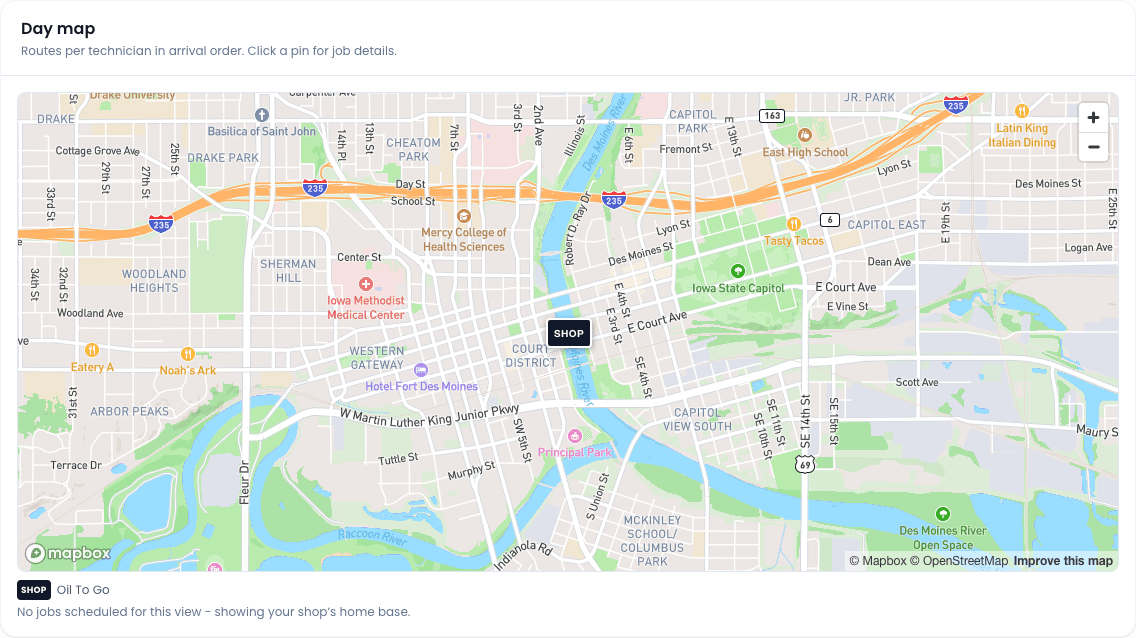 Schedule map with per-technician route optimization
