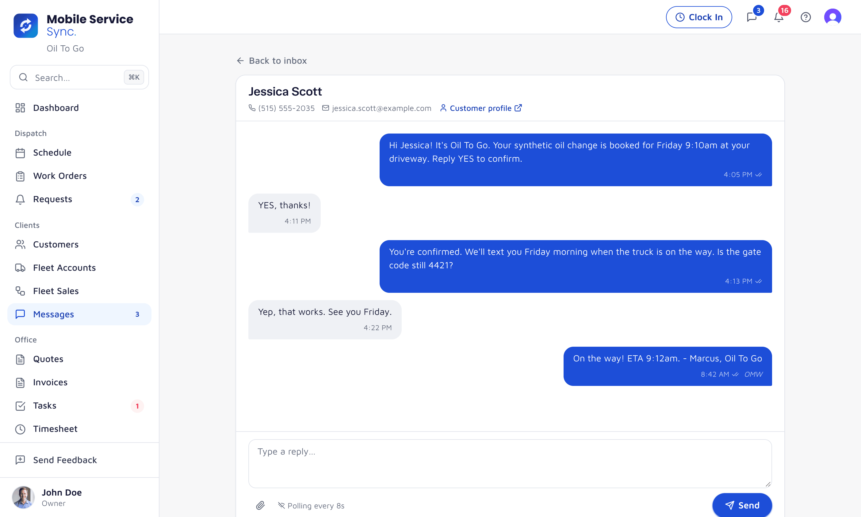 Two-way texting on the customer record: the confirmation, the gate code, and the on-my-way