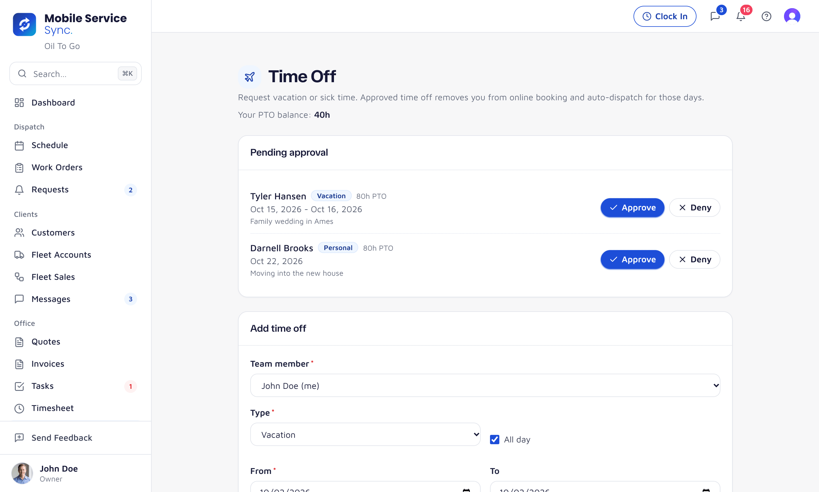 Approved time off takes a technician out of online booking and dispatch for those days